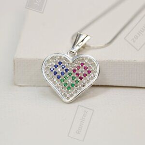 925 Sterling Silver Multicolor Heart Pendant with Chain • 18" Snake Necklace.